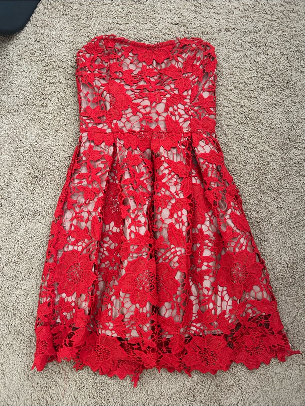 Lush Red Strapless Dress with Lace Trim